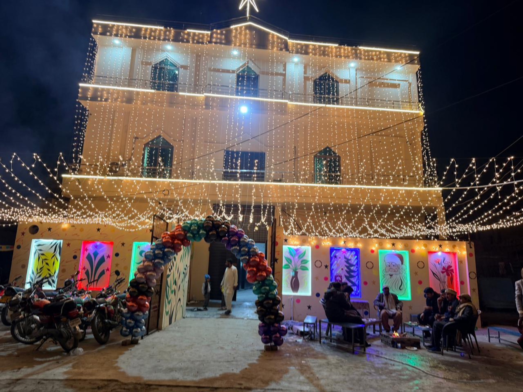 The Exodus51 church and school building covered in lights at Christmas
