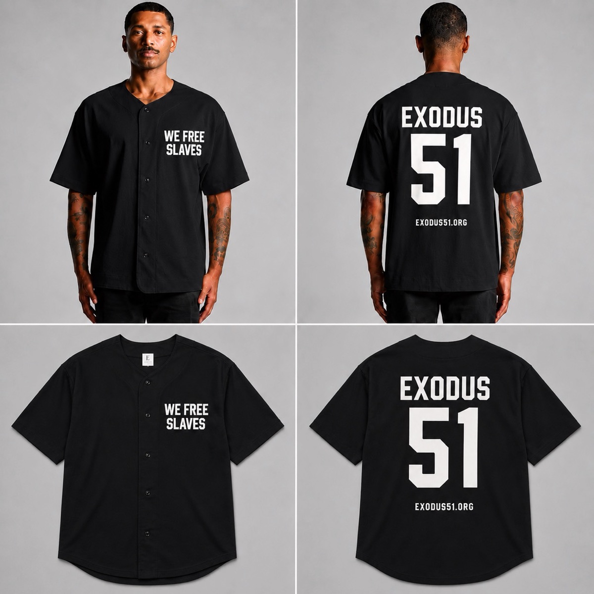Black baseball jersey with We Free Slaves on the front and Exodus 51 on the back