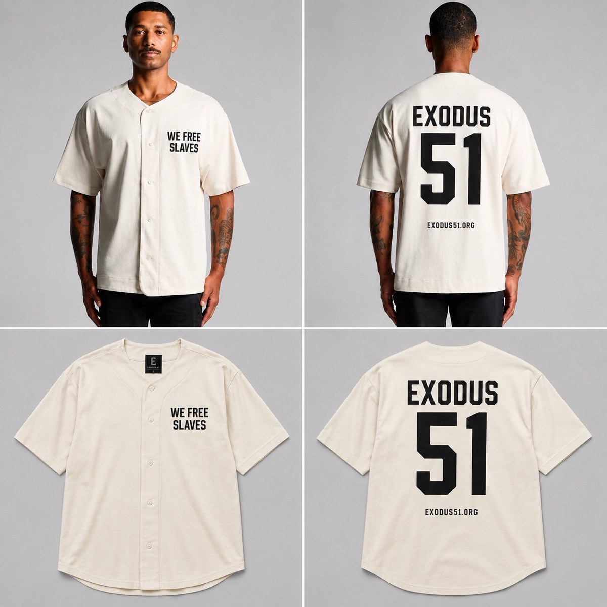 Cream baseball jersey with We Free Slaves on the front and Exodus 51 on the back