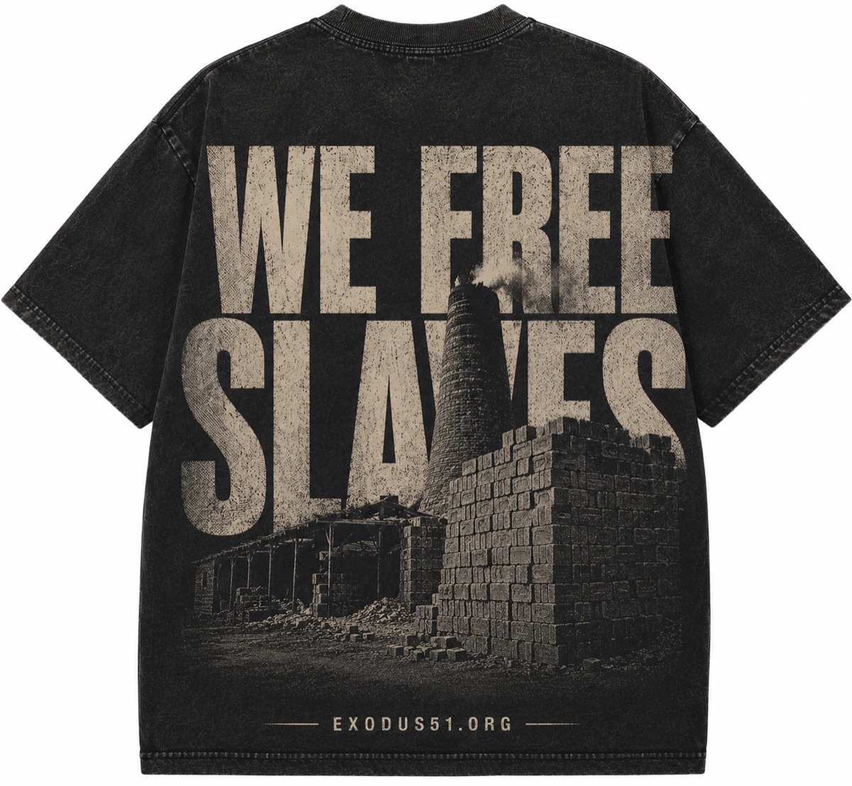 Black vintage-washed tee with We Free Slaves and a brick kiln printed across the back